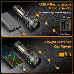 Rechargeable flashlight with USB connections and battery power display on a dark surface