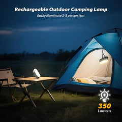 Rechargeable outdoor camping lamp illuminating a tent with 350 lumens in a dark outdoor setting.