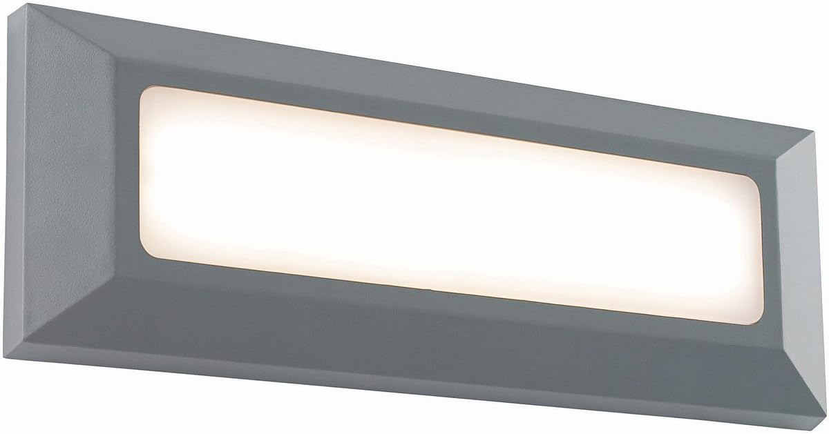 Rectangular outdoor wall light fixture with a gray frame on a white background