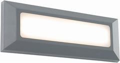Rectangular outdoor wall light fixture with a gray frame on a white background