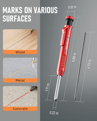 Red measuring tool with markings on wood, metal, and concrete surfaces, and measurements displayed.