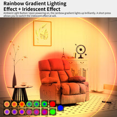 Red recliner chair in a room with rainbow gradient lighting effect and iridescent effect displayed.