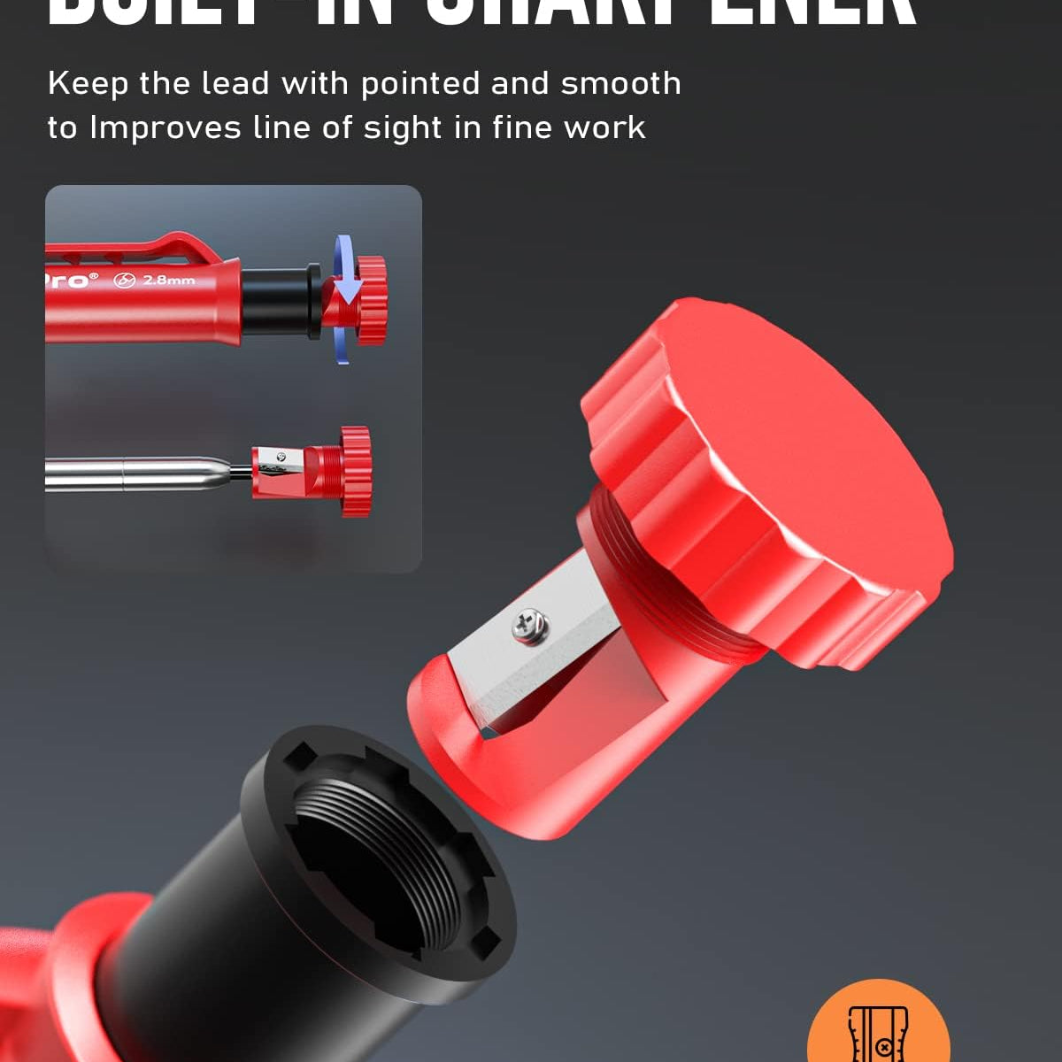 Red sharpener with built-in sharpener feature on a dark background