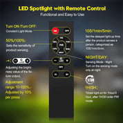 Remote control for LED spotlight with various settings on a dark background
