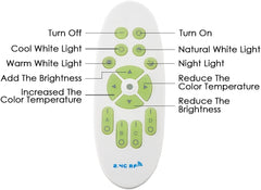 Remote control with labeled buttons for adjusting light settings on a white background