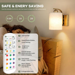 Remote control with timer and color settings displayed in a bedroom setting.