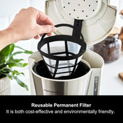 Reusable permanent filter being inserted into a coffee maker with text highlighting its cost-effectiveness and environmental friendliness.