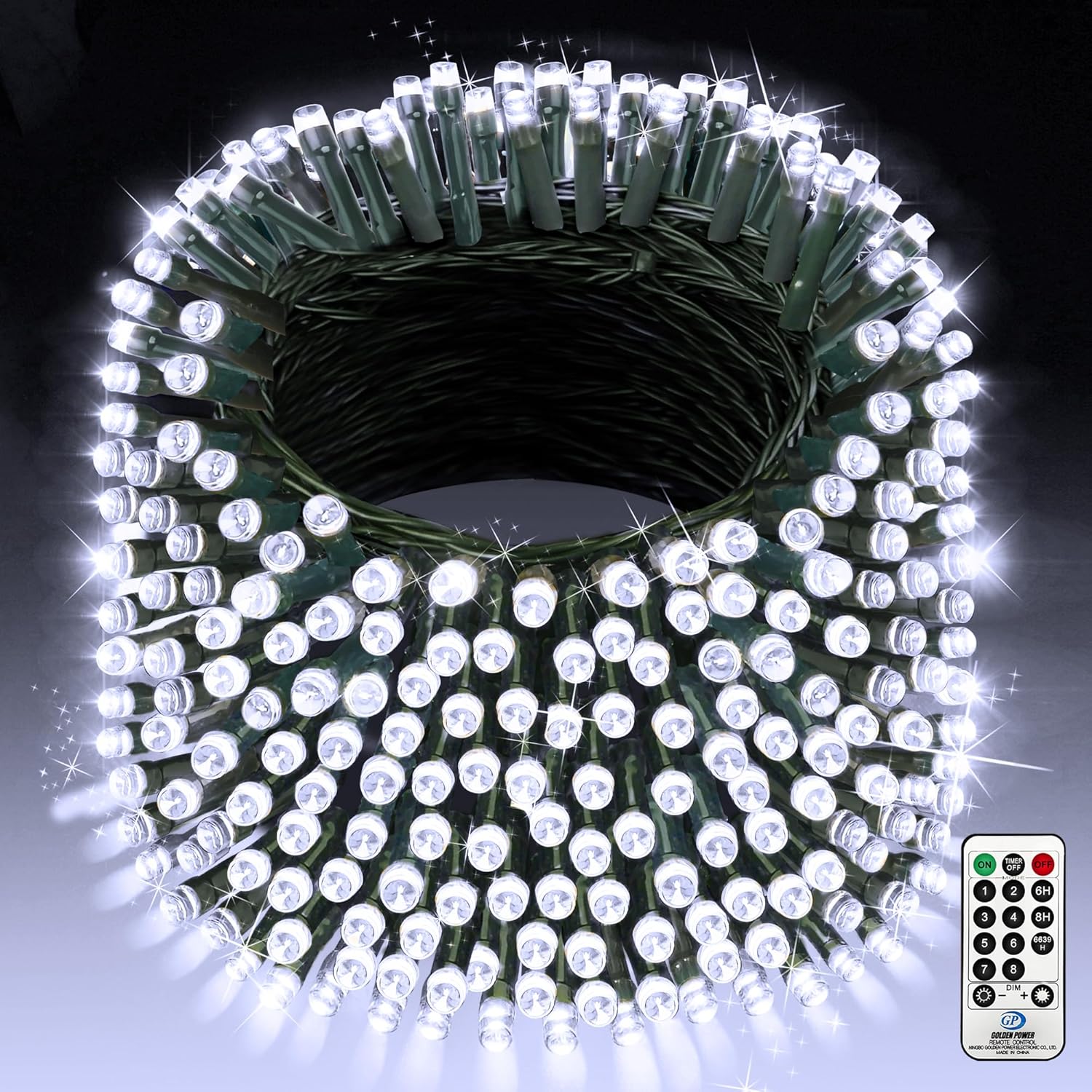 Roll of LED string lights with remote control on a dark background