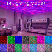 Room with colorful lighting modes projected onto the ceiling, featuring a bunk bed and desk.