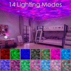 Room with colorful lighting modes projected onto the ceiling, featuring a bunk bed and desk.