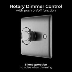 Rotary dimmer control switch with push on/off function on a black background