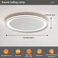 Round ceiling lamp with dimensions and features on a gray background