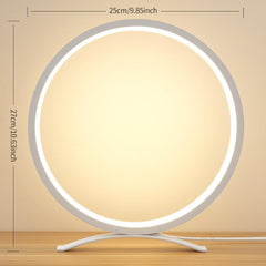 Round table lamp with dimensions on a wooden surface