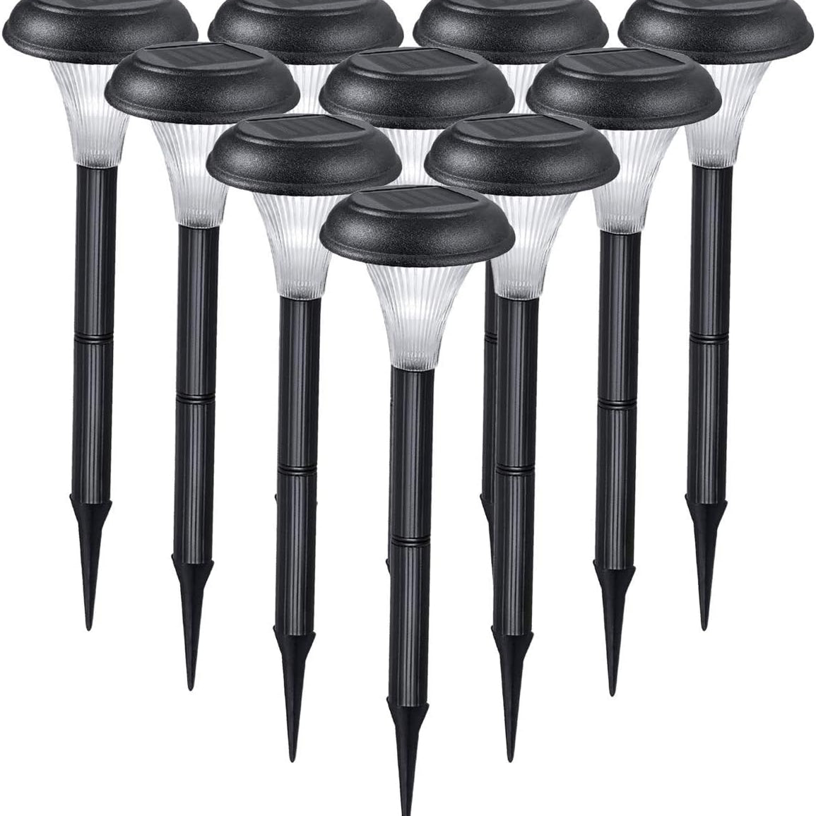 Set of 10 solar-powered outdoor lights with black spikes on a white background