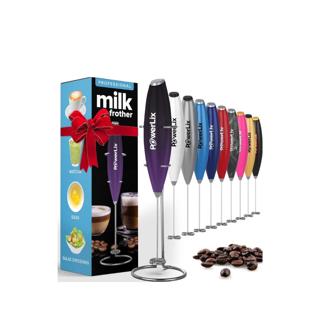 Set of PowerLix milk frothers with a colorful box on a white background