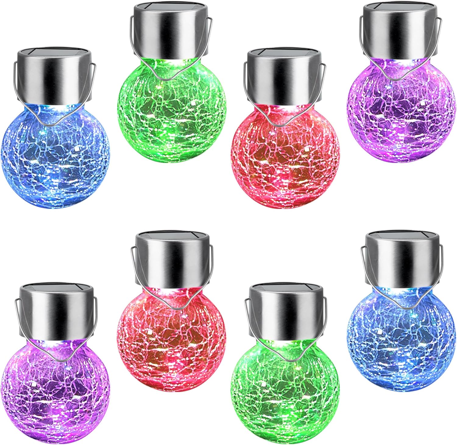 Set of colorful solar glass ball lights on a white background