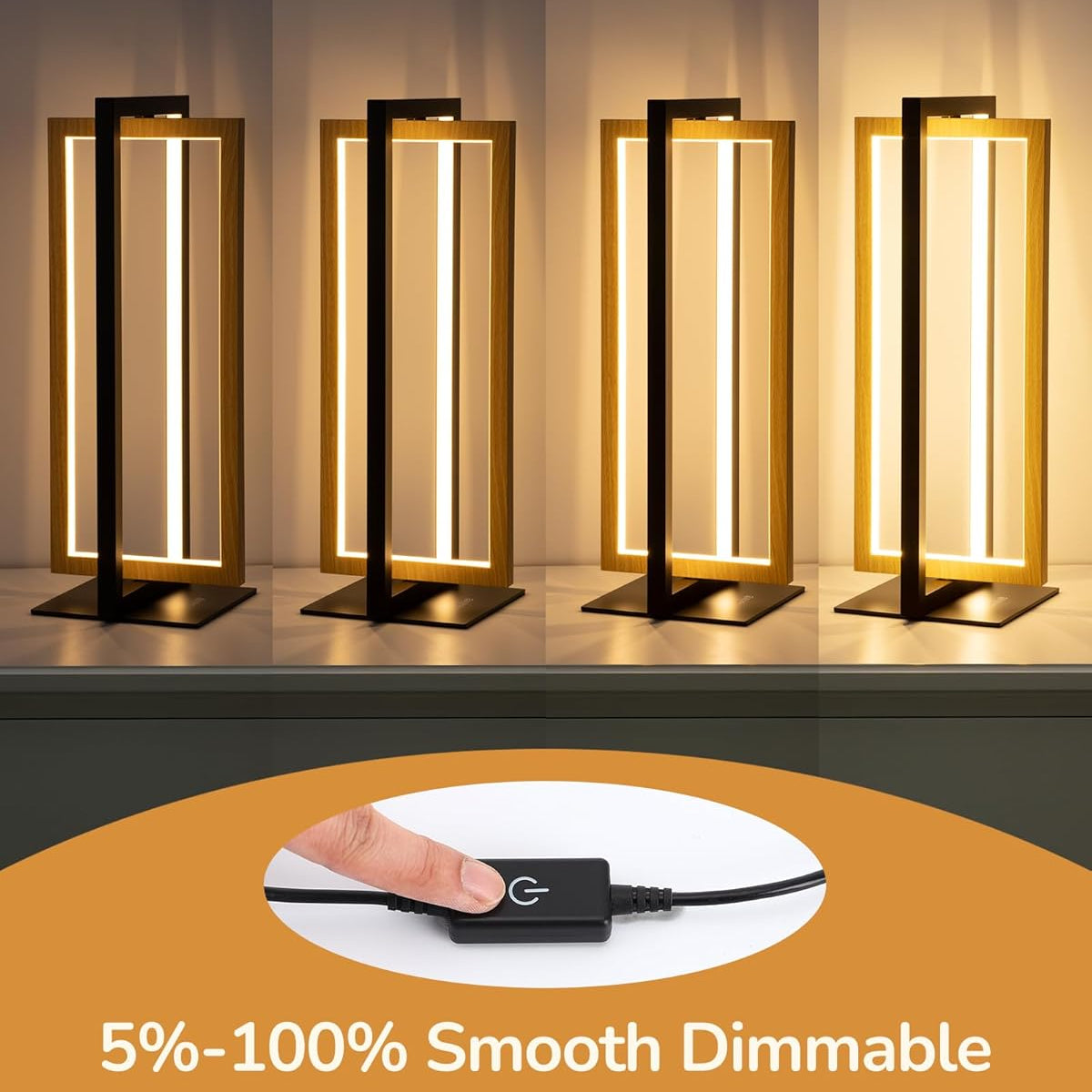 Set of four modern table lamps with a dimmable control device on a brown background.