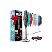 Set of milk frothers with a branded box on a white background
