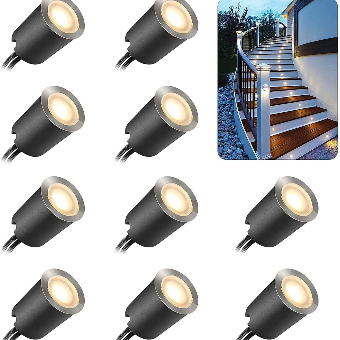 Set of outdoor LED spotlights with a sample installation on stairs.