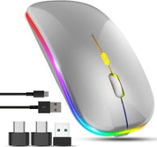 Silver computer mouse with colorful LED lights and USB cables on a white background