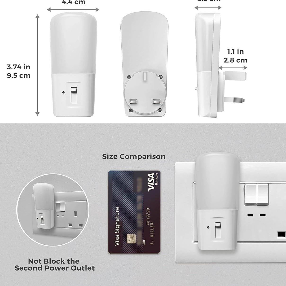 Size comparison of a small electronic device with a Visa card and power outlet.