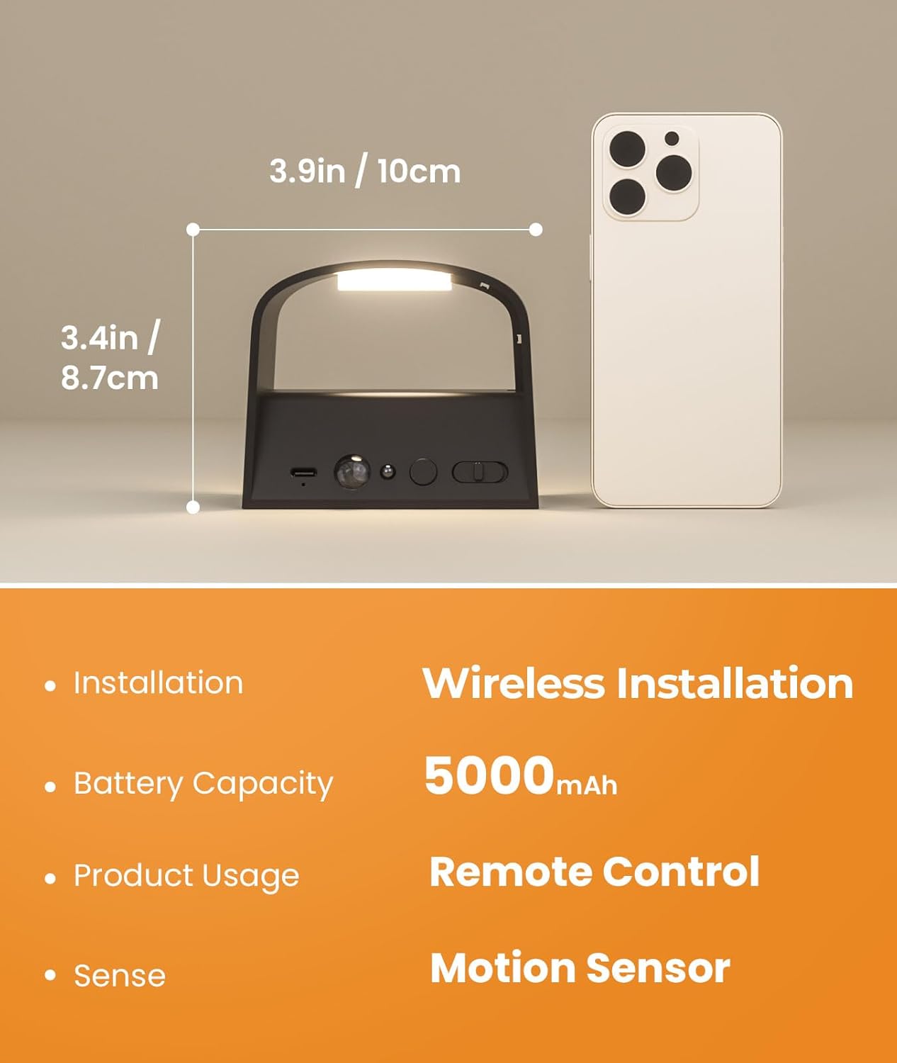 Small device with dimensions compared to a smartphone, featuring text about wireless installation and specifications.