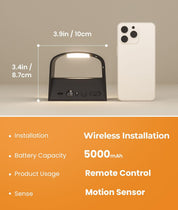 Small device with dimensions compared to a smartphone, featuring text about wireless installation and specifications.