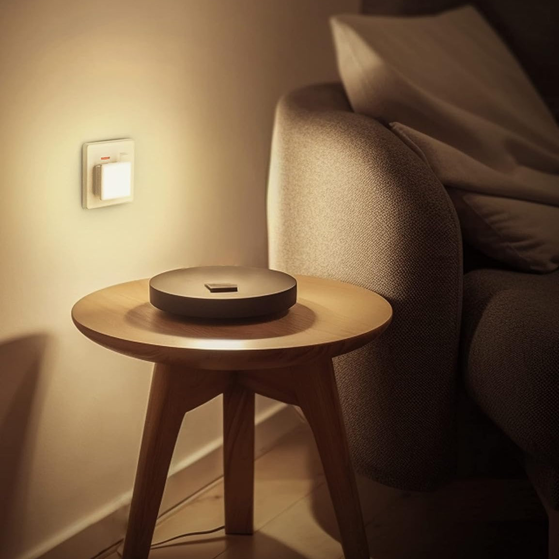 Small wooden table with a round object on it next to a sofa in a dimly lit room.