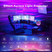 Smart Aurora Light Projector with multiple screens displaying light patterns in a room.