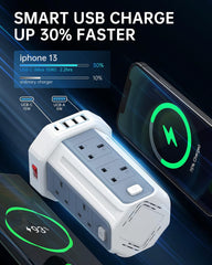 Smart USB charger with smartphone showing charging progress on a dark background