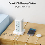 Smart USB charging station with multiple devices on a wooden surface