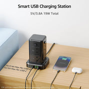 Smart USB charging station with multiple devices on a wooden surface