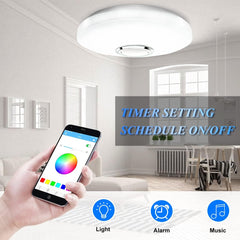 Smart ceiling light control with smartphone app in a modern living room.