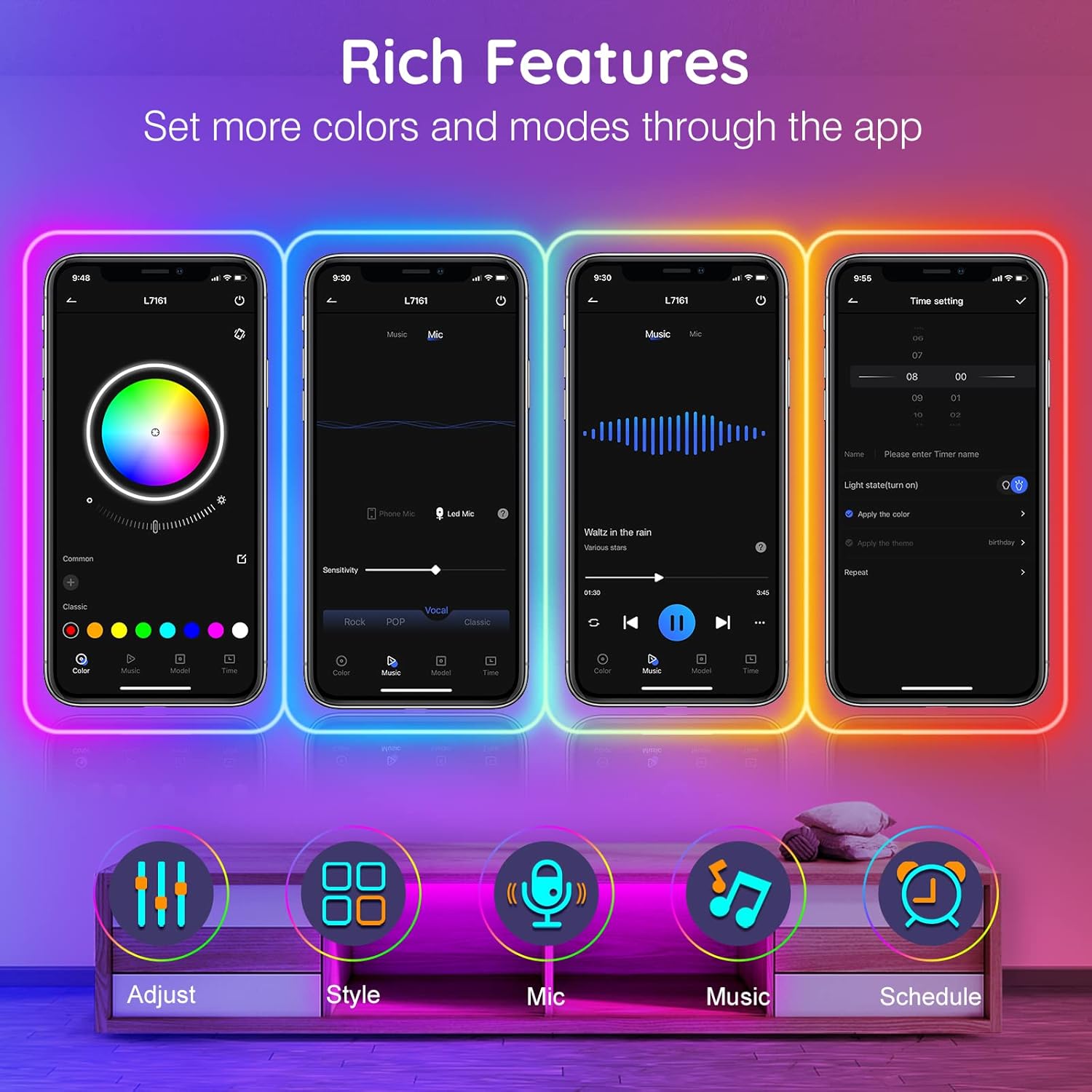 Smart device interface with various features on a gradient background