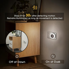 Smart motion sensor light on a wall next to a wooden cabinet with text about its features.
