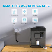 Smart plug with coffee maker on a wooden table, featuring icons for holiday lighting, fan, humidifier, lamp, coffee maker, and TV.