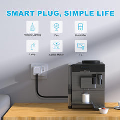 Smart plug with coffee maker on a wooden table, featuring icons for holiday lighting, fan, humidifier, lamp, coffee maker, and TV.