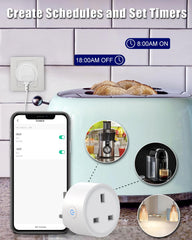 Smart plug with smartphone app interface, toaster, juicer, and light bulb on a kitchen background.