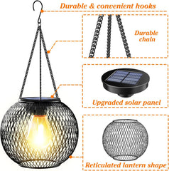 Solar-powered hanging lantern with features highlighted on a white background