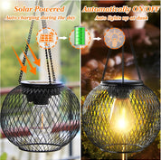 Solar-powered hanging light with day and night functionality features.