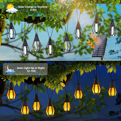 Solar-powered hanging lights with daytime and nighttime functionality, shown under a tree.