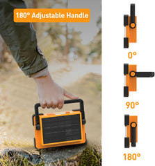 Solar-powered lantern with adjustable handle feature, outdoors.