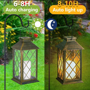 Solar-powered lantern with auto charging and light-up features on a green background