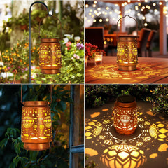 Solar-powered lantern with decorative patterns, shown in various outdoor settings.