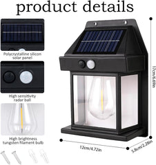 Solar-powered outdoor light fixture with features and dimensions displayed.