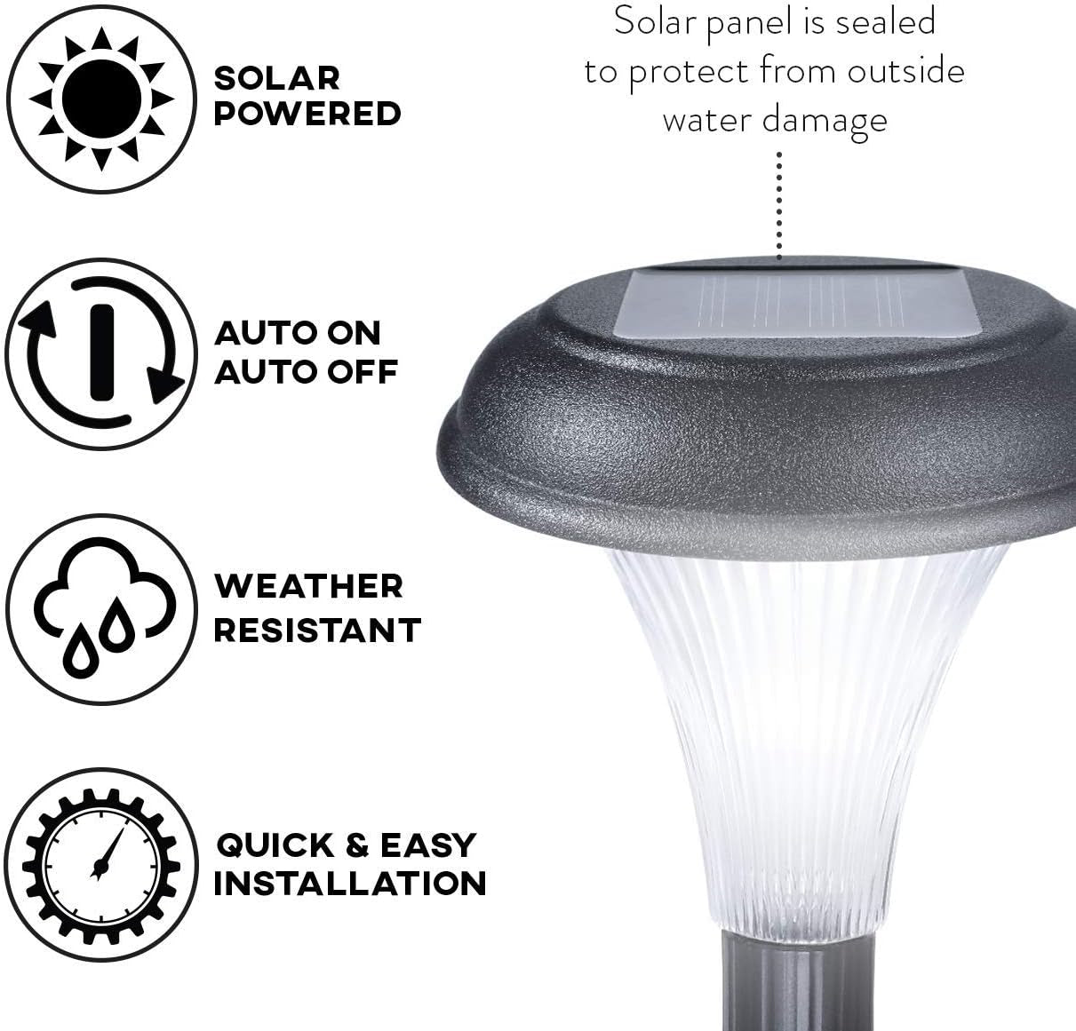 Solar-powered outdoor light with features listed on a white background