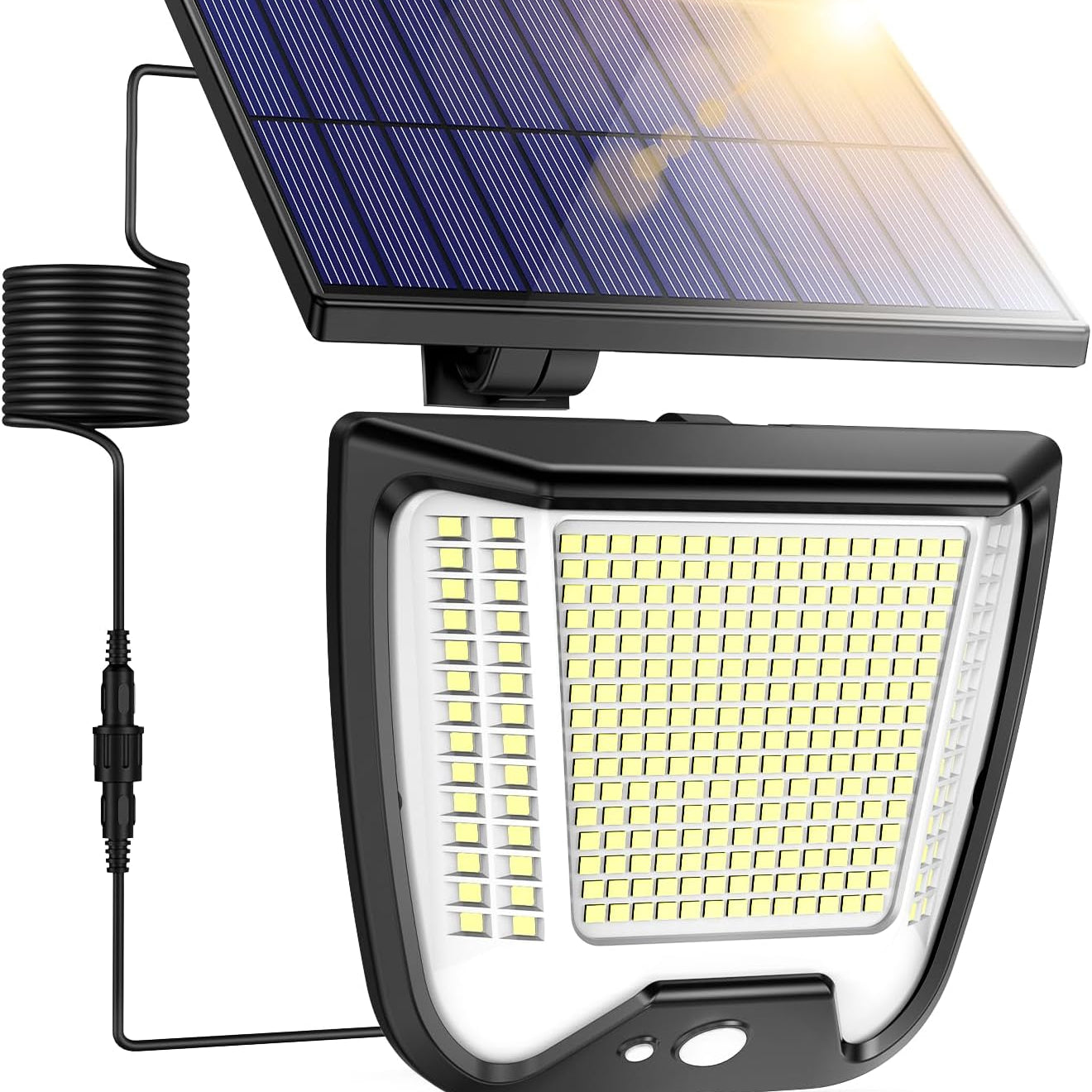 Solar-powered outdoor light with solar panel and LED lights on a white background