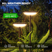 Solar-powered outdoor lights in a garden setting with text highlighting weather resistance.