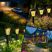Solar-powered outdoor lights in various settings including a driveway, garden, and house exterior.