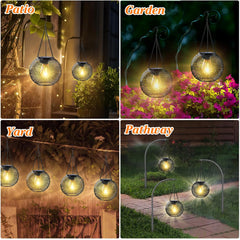 Solar-powered outdoor lights in various settings including patio, garden, yard, and pathway.